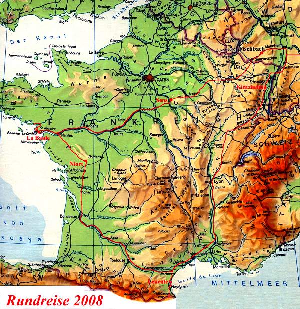 Frankreichkarte mit eingetragener Rundreise 2008